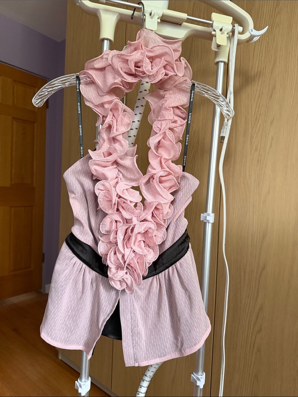 bebe Pink Ruffle Halter Top with Black Waistband Detail